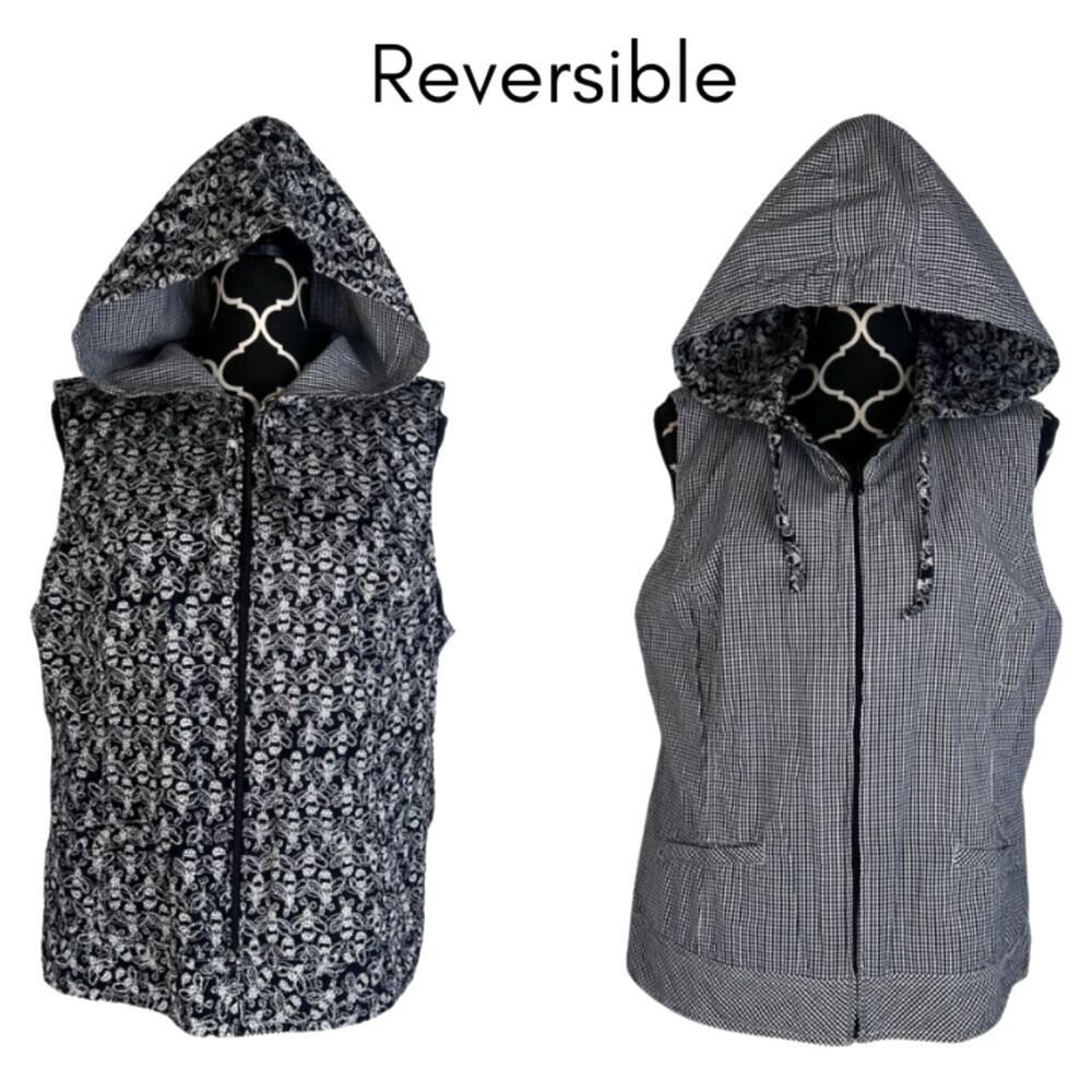 Reversible Hooded Sleeveless Full Zip Vest Jacket Gingham & Bees Handmade Sz LG